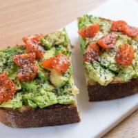 Avocado Toast · thick country bread, olive oil, avocado, heirloom cherry tomatoes, chia seed, salt, cracked ...
