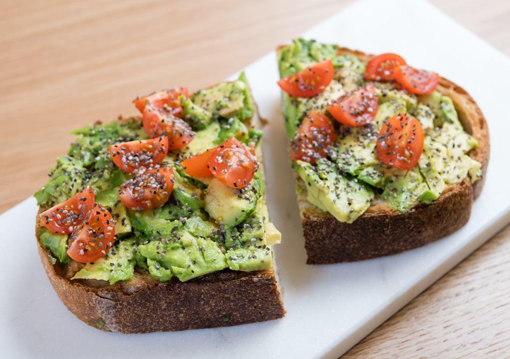 Avocado Toast · thick country bread, olive oil, avocado, heirloom cherry tomatoes, chia seed, salt, cracked black pepper