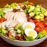 Chicken Cobb Salad · romaine, grape tomato, avocado, blue cheese, chicken, bacon, hard boiled egg, ranch