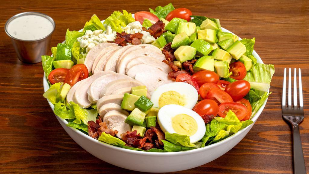 Chicken Cobb Salad · romaine, grape tomato, avocado, blue cheese, chicken, bacon, hard boiled egg, ranch