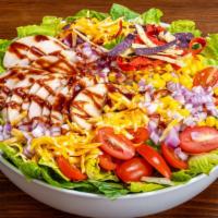 Bbq Ranch Chicken Salad · romaine, grape tomato, corn, red onion, tortilla strips, shredded jack cheese, chicken, ranc...