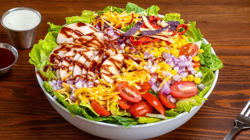 Bbq Ranch Chicken Salad · romaine, grape tomato, corn, red onion, tortilla strips, shredded jack cheese, chicken, ranch, bbq sauce