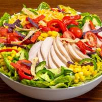 Fire-Roasted Southwest Chicken Salad · romaine, grape tomato, corn, roasted red pepper, jalapeno, tortilla strips, shredded jack ch...
