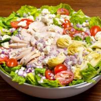 Mediterranean Chicken Salad · romaine, red onion, grape tomato, artichoke heart, feta, chicken, sun dried tomato vinaigrette