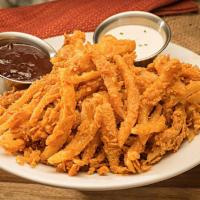 Onion Straws · Hand-breaded onion petals paired with spicy Ranch and a jalapeño BBQ sauce for dipping.