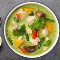 The Old Green Curry · Coconut milk, bamboo shoot, eggplant, string beans, bell peppers, and basil. Choice of prote...