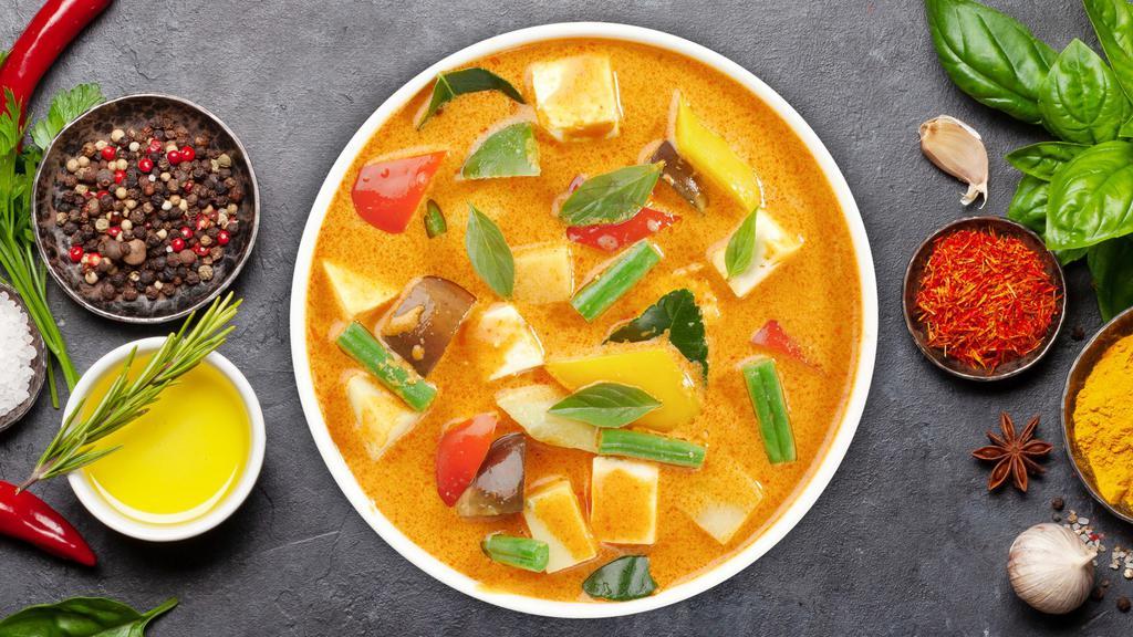 Revenge Of Massaman Curry · Coconut milk, lime leaf, bamboo shoot, eggplant, string beans, bell peppers, and basil. Spicy. Choice of protein.