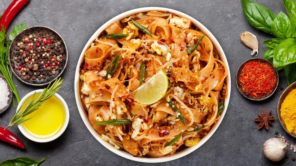 The Legend Of Pad Thai · Stir fried thin rice noodles, egg, scallion, bean sprout and crushed peanut in tamarind sauce.