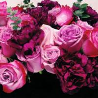 The Venezia Box · A beautiful arrangment with a mix of  dark purple and pinks in our signature  velvet black b...