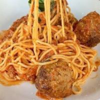 Meatball · Bucatini, wood fired meatball, pomodoro sauce, Parmigiano Reggiano.