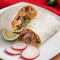 Carnitas Burrito · Smokin' Hot burrito filled with braised pork, rice, beans, cheese, lettuce, and salsa.