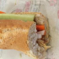 Shredded Chicken Sandwich · Bánh mì gà. Shredded chicken and butter, pickled veggies, cucumber, cilantro, and jalapeño