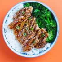 Vegan Chicken Teriyaki Bowl · Our teriyaki bowl with your choice of base, scallions, sesame seeds, and teriyaki sauce, ser...