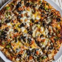 Vegetarian Pizza · Mushrooms, bell peppers, onions, olives, and tomatoes.