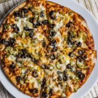Flaming Hot Chicken Pizza · Spicy. Hot chicken, jalapenos, green onion, olives, mixed veggies.