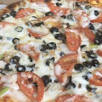 Vegetarian Pizza · Extra cheese, mushrooms, black olives, bell peppers, onion, fresh tomato and Mozzarella chee...