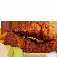 Two Tenders & Spicy Fries · Two tenders, spiced with your choice of heat, served with, sliced bread, dill pickles, spicy...