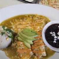 Sandro’S Shrimp Enchiladas · Two enchiladas, shrimp, pico de gallo, cheese, chipotle salsa, avocado, white rice, black be...