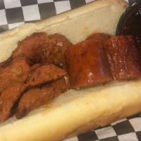 Bbq Hot Link Sandwich Meal · Chopped Hot Link with BBQ Sauce on a Fresh Hoagie Bun.  Your Choice of Side, Water or Homema...