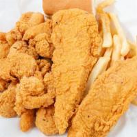 Fish & Shrimp · Three piece catfish and five piece shrimp. Comes your choice of any side and a roll.