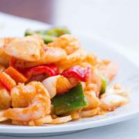Spicy House Shrimp · Spicy. Shrimp with onion, red and green pepper in spicy sauce.