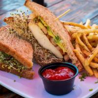 Chicken Sandwich · Herb grilled chicken breast, with mayo, tomato, avocado and sprouts on  white toast with a s...