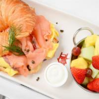 Smoked Salmon Croissant · Sour cream fruit cup and green salad.
