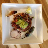 Vampiro · FIRE CRISP CORN TOSTADA TOPPED WITH GRILLED OAXACA AND JACK CHEESE,  YOUR CHOICE OF MEAT, PI...