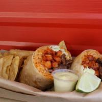 Mar Y Tierra  · FLOUR TORTILLA WITH CHOICE OF MEAT, SHRIMP,  RICE, PICO DE GALLO, CABBAGE SERVED WITH OUR CR...