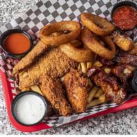 New Recipe Mels Sampler · Chicken strips, onion rings, mozzarella sticks, and chicken wings on a bed of melfries with ...