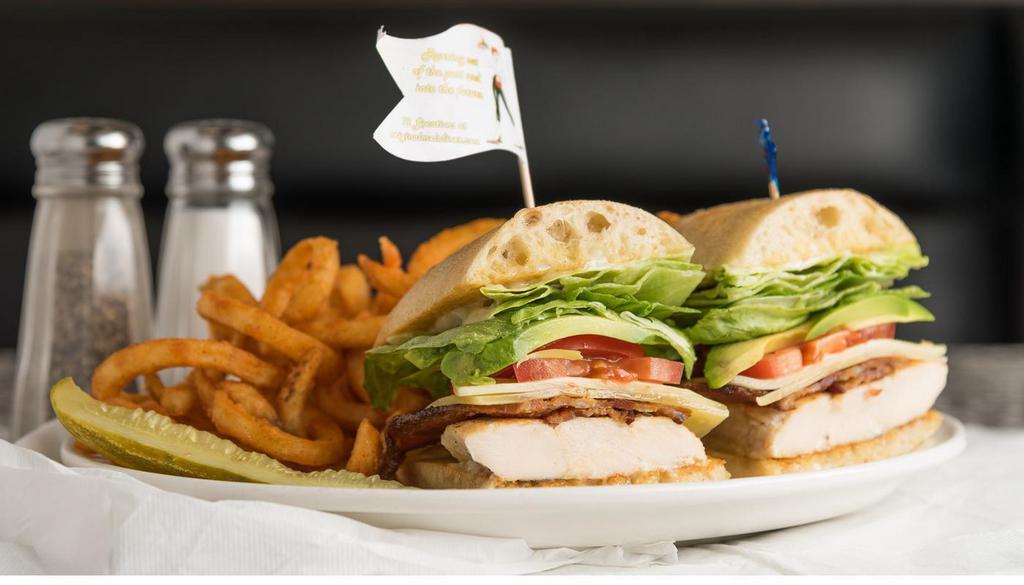 Chicken Club · Chicken breast served on our french roll, topped with jack cheese, avocado, bacon, lettuce, tomato, and mayonnaise.