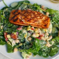 Grilled Salmon Salad · grilled corn-bell pepper relish, spinach, cherry tomato, chickpea, cucumber, tossed in butte...
