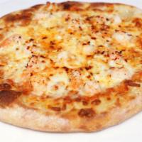 Spicy Shrimp Pizza · wild shrimp, garlic, red pepper flakes, mozzarella, organic pizza sauce