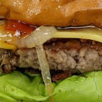 Ruth Bader Gins-Burger · A Classy Lady: Smokey Cheez, Butter Lettuce, Grilled Onions, Garlic Aioli, and Pepper Jelly ...