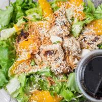 Chinese Chicken Salad (Large) · 417/585 calories. Grilled chicken breast, mandarin oranges, shredded romaine lettuce, shredd...