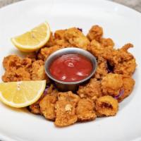 Calamari · Tender calamari, lightly breaded and fried. Served with cocktail sauce.