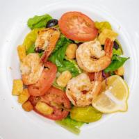 Grilled Shrimp Salad · Grilled shrimp served atop mixed lettuce, croutons, tomatoes, pepperoncinis, and black olive...