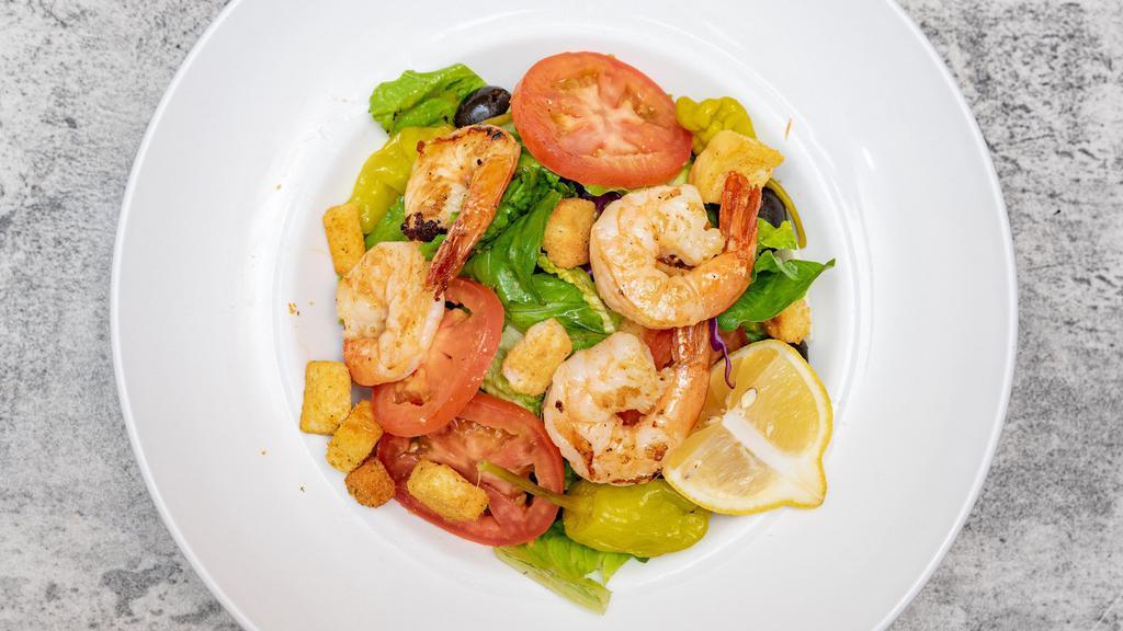 Grilled Shrimp Salad · Grilled shrimp served atop mixed lettuce, croutons, tomatoes, pepperoncinis, and black olives. Served with your choice of dressing.