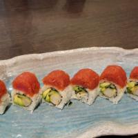 Hot Night Roll · In : Shrimp tempura, avocado, cucumber
Top : Spicy tuna, greens, eel sauce and spicy mayo