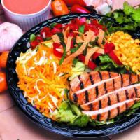 Bbq Ranch Salad · Lettuce, corn, cheese, tomato, tortilla strips, and drizzled with BBQ sauce.
