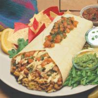 Giant Burrito · Rice, pinto or black beans, cheese, mild pico de gallo salsa, lettuce, Charo sauce and your ...