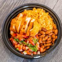 Charo Chicken Bowl · Generous portions of our famous rice, pinto or black beans, mild pico de gallo and your choi...