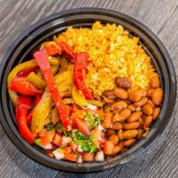 Fajita Veggie Bowl · Fajita veggies, rice, pinto or black beans, mild pico de gallo and your choice of protein.