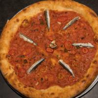 Gondola Pizza · Crushed Roma tomatoes, Fresno chilies, Italian white anchovies, marjoram.