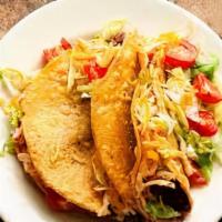 Crispy Taco · Crispy corn tortilla, choice of meat, lettuce, tomato, cheese and sour cream.