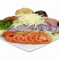 Antipasto Salad · Crispy iceberg lettuce, Salami, Pepperoni, Tomatoes, Bell Peppers, Red Onions, Garbanzo Bean...