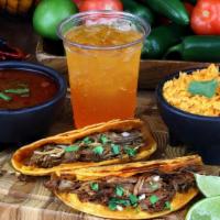 Tacos De Barbacoa Combo · Two tacos de barbacoa, one side, one medium barbacoa consome/broth and one can soda.