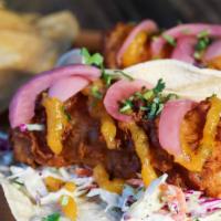 Mango Habanero Fish Tacos (3) · Spicy. Extra spicy. Beer-battered cod, mango habanero sauce, coleslaw, pickled red onion, ci...