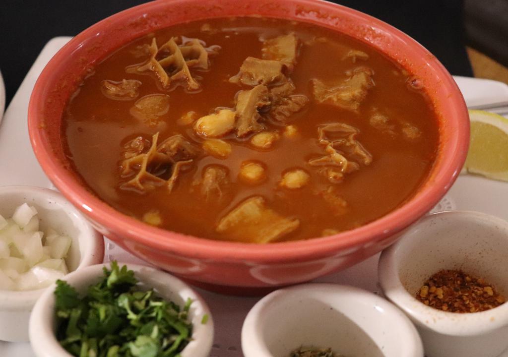 Menudo · Honeycomb tripe with hominy in red soup