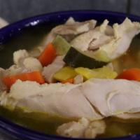 Caldo De Pollo · Vegetable soup with chicken, served with rice